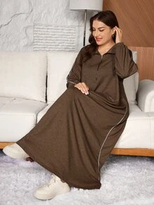 Lacomfia 女款長袖飾邊寬鬆休閒日常百搭大尺碼長版運動衫 - 咖啡棕 - 查看 3