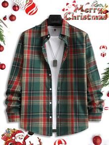 Manfinity Homme Christmas Men's Plaid Single-Breasted Long Sleeve Shirt, Fall/Winter Unisex Style, Couple Outfit, Best Holiday Gift - Multicolor - View 1