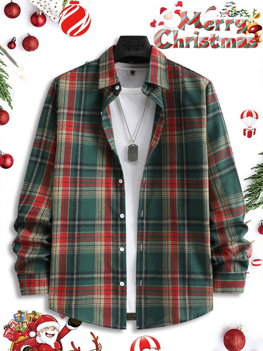 Manfinity Homme Christmas Men's Plaid Single-Breasted Long Sleeve Shirt, Fall/Winter Unisex Style, Couple Outfit, Best Holiday Gift - Multicolor - View 1