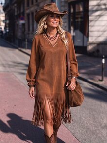 LanaWest CURVE Spring/Autumn Western Cowboy Fringe Design Rivet Straight Leg Casual Outdoor Plus Size Dress - Brown - View 4