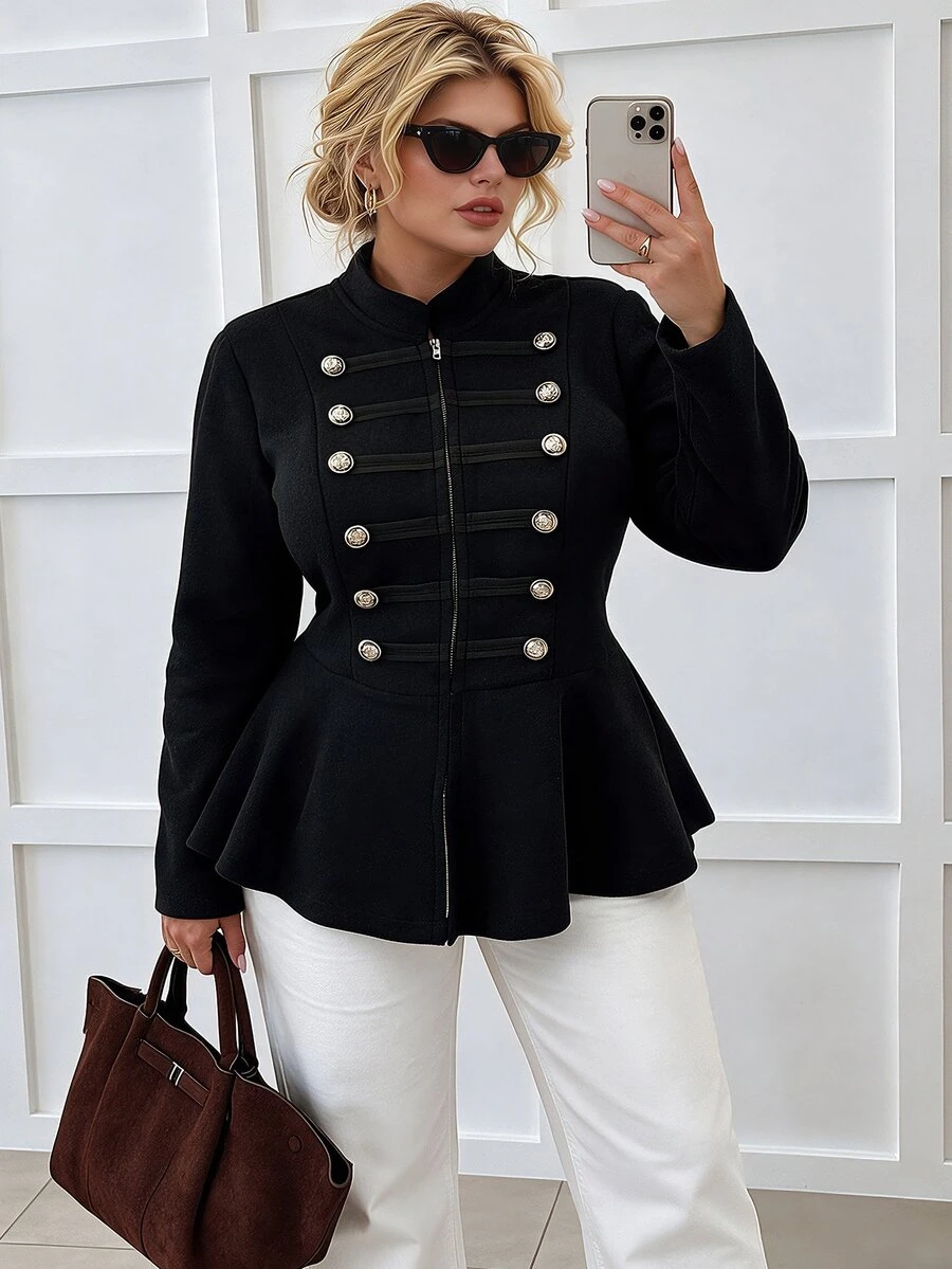 Easura French Vintage Elegant Commuter Stand Collar Flared Sleeve Cinched Waist Metal Button Decor Black Overcoat Winter - Black - View 1