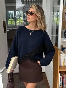 Serisse Women's Lace Pullover Long-Sleeved Sweater For Autumn,Women Fall Winter Sweater,Going Out Tops For Women - Navy Blue - View 6
