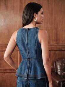 Anewsta Women's New Fashion Waist-Cinching Ruffle Hem Design Embroidered Blue Jeans Tank Top - Blue - View 7