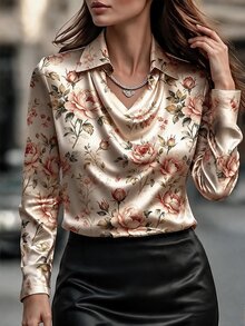 Velvienne Blus Satin Mewah Wanita Musim Semi/Gugur dengan Motif Cetak, Kerah Berlipat, dan Lapisan, Lengan Panjang, Ukuran Plus - MultiWarna - View 3