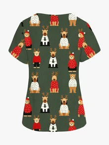 PopScrub Women's All-Over Print V-Neck Casual Daily Scrub Uniform Short Sleeve Top - Multicolor - View 2