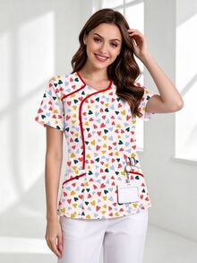 PopScrub Women's Casual Light Pink Colorful Heart Print Scrub Top, Fashion V-Neck Short Sleeve Contrast Color Patchwork Trim Healthcare Scrub Uniform, Double Pocket Nurse Scrub Uniform Top, Spring/Autumn Work Scrub Uniform - Multicolor - View 5