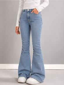 SHEIN Girls' Y2K Style Stretch Flare Leg Jeans, Distressed Ripped Raw Hem Vintage Denim Craft, Fashionable Versatile Suitable For All Seasons Autumn Fall - Medium Wash - View 3