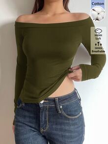 SHEIN BASICS 女款休閒極簡基本款性感純色露肩長袖修身正裝上衣 海軍藍 日常外出約會秋季上衣 - 軍綠色 - 查看 3