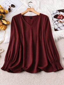 SHEIN LUNE CURVE 大尺碼女款純色休閒百搭日常襯衫 秋季 - 酒紅色 - 查看 1