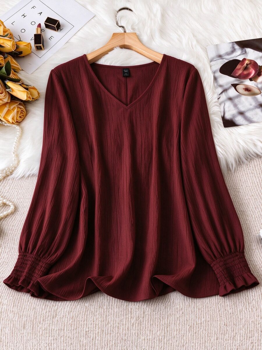 SHEIN LUNE CURVE 大尺碼女款純色休閒百搭日常襯衫 秋季 - 酒紅色 - 查看 1