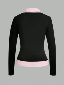 Sundraya Plus Size Women Patchwork Shirt Collar Long Sleeve Casual T-Shirt Fall - Black - View 2