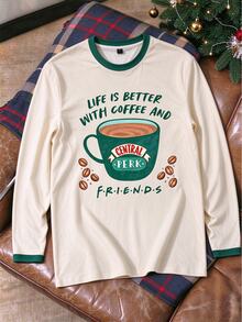 FRIENDS X SHEIN تي شيرت رجالي بأكمام طويلة مطبوع بنمط القهوة - متعدد الألوان - مشاهدة 1