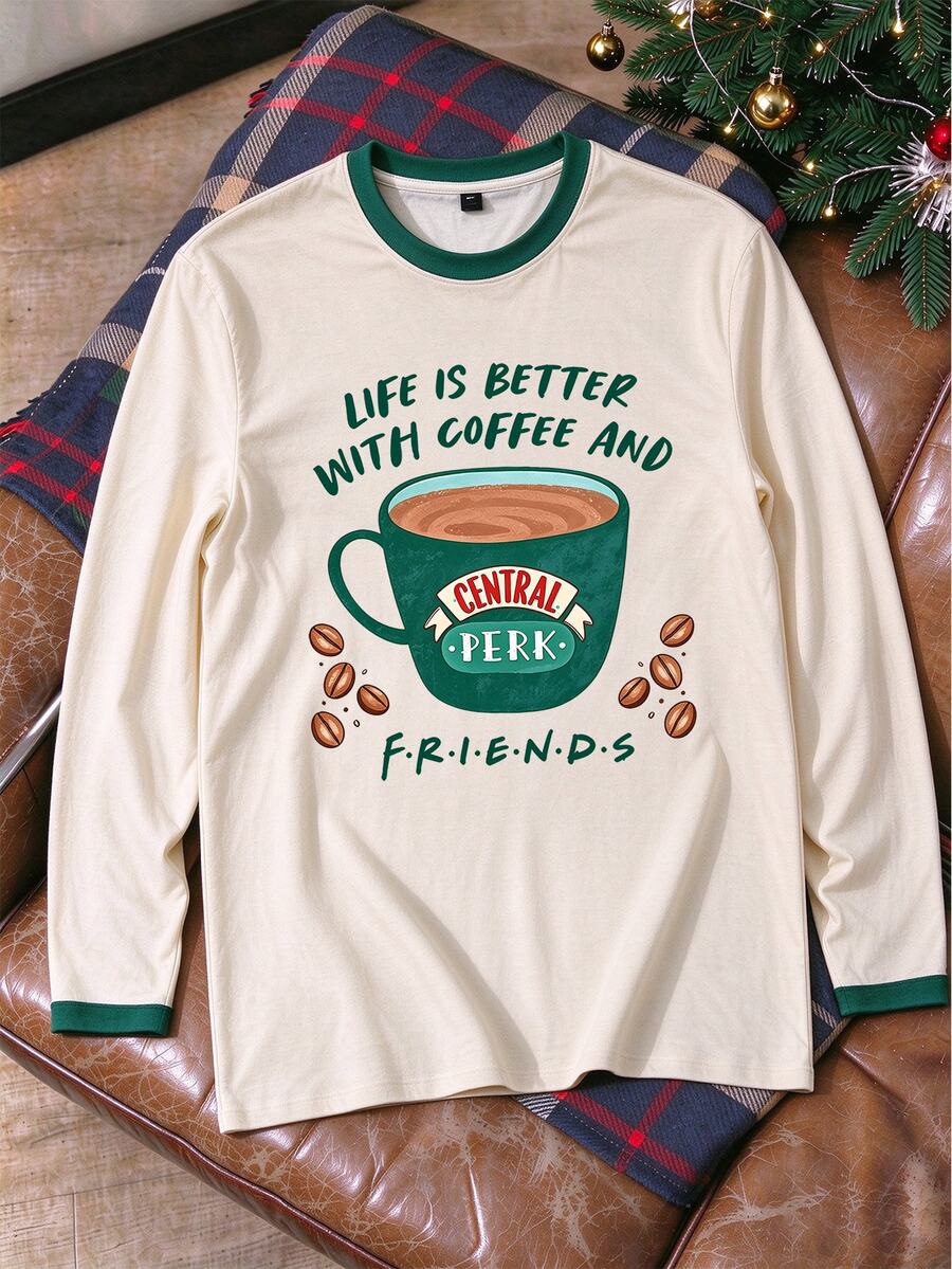FRIENDS X SHEIN تي شيرت رجالي بأكمام طويلة مطبوع بنمط القهوة - متعدد الألوان - مشاهدة 1