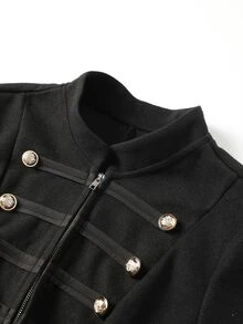 Easura French Vintage Elegant Commuter Stand Collar Flared Sleeve Cinched Waist Metal Button Decor Black Overcoat Winter - Black - View 8