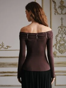 Anewsta Women's Faux Pearl Decorated Long Sleeve Top Streetwear - Coffee Brown - View 2