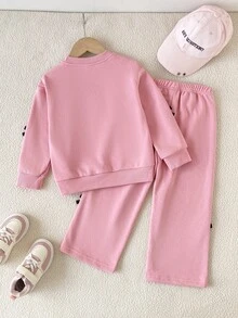 SHEIN 女童 2 件組 蝴蝶結裝飾條紋側邊圓領運動衫與寬腿褲套裝，可愛純色粉色休閒套裝 - 粉色 - 查看 3