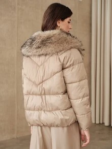 Anewsta Women's Khaki Elegant Commute Padded Coat With Large Fur Collar - Khaki - View 7