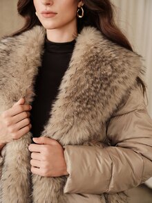 Anewsta Women's Khaki Elegant Commute Padded Coat With Large Fur Collar - Khaki - View 2