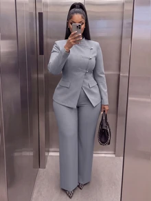 Poshavie Poshavie Mandarin Collar LongSleeve TwoPiece Suit Set, Blazer With Asymmetric Buttons & Hem Slit, WideLeg Pants With Side Pockets, Stylish Fusion Outfit For - Grey - View 1