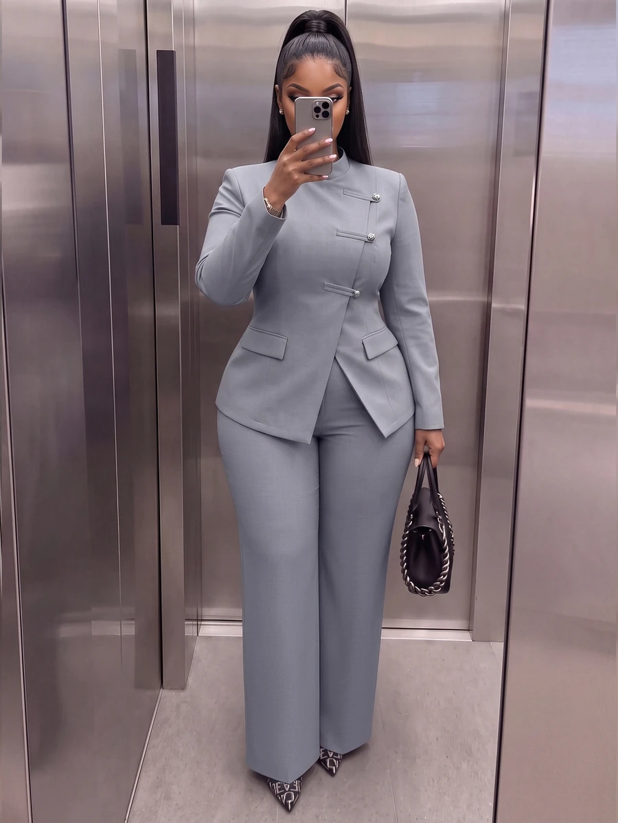 Poshavie Poshavie Mandarin Collar LongSleeve TwoPiece Suit Set, Blazer With Asymmetric Buttons & Hem Slit, WideLeg Pants With Side Pockets, Stylish Fusion Outfit For - Grey - View 1