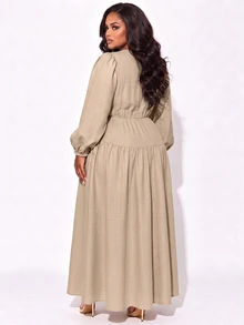 Poshavie Poshavie Plus Size Women's Elegant High-End Long Sleeve Dress, Fashionable Ruched Neckline Hollow Out Slimming Design, Suitable For Daily Wear, Shopping, Dating, Commuting - Khaki - View 2