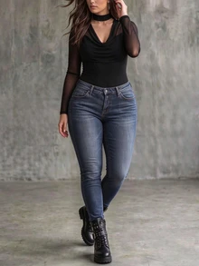 Linhara CURVE Plus Size Women's Urban Street Style Mesh Patchwork Halter V-Neck Fitted Long Sleeve T-Shirt For Outings, Work And Commute - Black - View 4