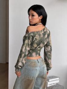 Coolane 女款秋冬街頭風優雅基礎款露肩短版長袖米色運動衫，適合早午餐與夜晚聚會 - 軍綠色 - 查看 6