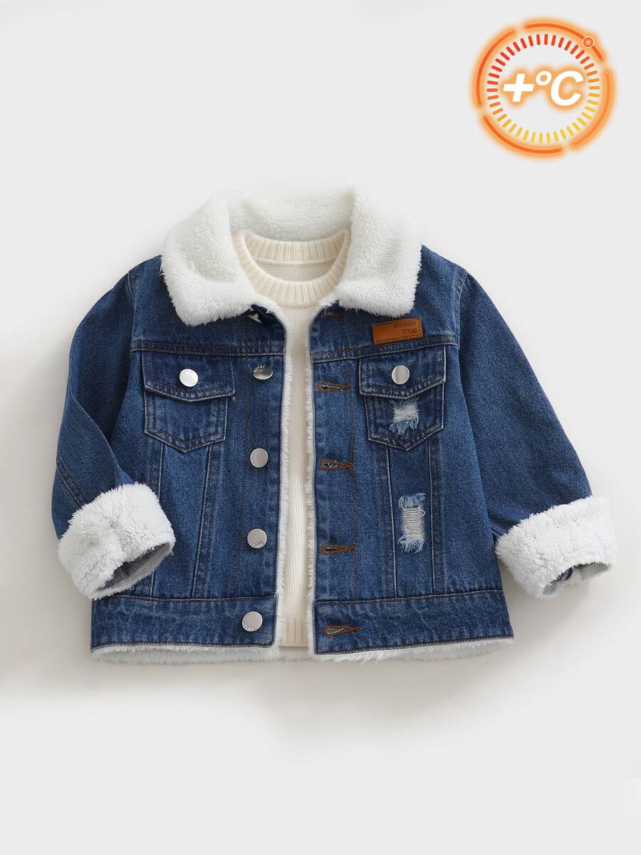SHEIN 小男孩舒適休閒保暖內裡牛仔夾克,秋冬款 - 中等水洗藍 - 查看 1