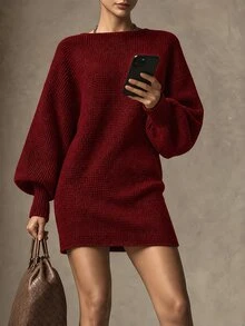 SHEIN 女款純色船領修身針織洋裝 - 酒紅色 - 查看 3