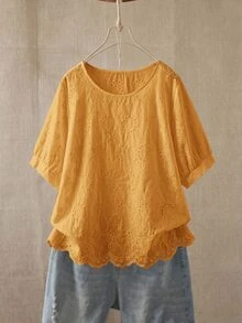 Rusticease 大尺碼女款鏤空刺繡圓領短袖休閒優雅襯衫 夏季上衣 春季鄉村風 早午餐 正式場合 全白 - 芥末黃 - 查看 7