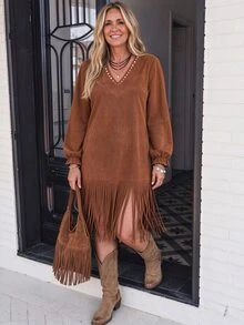 LanaWest CURVE Spring/Autumn Western Cowboy Fringe Design Rivet Straight Leg Casual Outdoor Plus Size Dress - Brown - View 3
