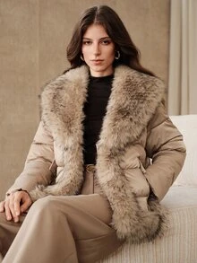 Anewsta Women's Khaki Elegant Commute Padded Coat With Large Fur Collar - Khaki - View 5