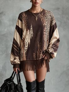 SHEIN LUNE CURVE Plus Size Fashion Leopard Print Long Sleeve Sweatshirt - Multicolor - View 4