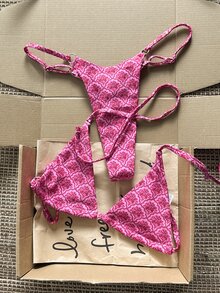 Swim Mod 女款棕色與藍色波點掛脖綁帶兩件式比基尼泳衣套裝，90年代淺藍色泳裝套裝，適合夏季、海灘派對、度假 - 彩色 - 查看 4