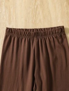 SHEIN Vintaside Kids 女童格紋梭織布長袖襯衫洋裝，附荷葉邊飾邊、腰帶與內搭褲套裝 - 棕色 - 查看 7