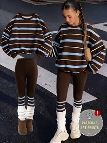 (1 Set) Tween Girls Autumn/Winter Casual Fashion Blue & Brown Horizontal Striped Colorblock Crew Neck Sweatshirt With Leggings - Multicolor - View 1