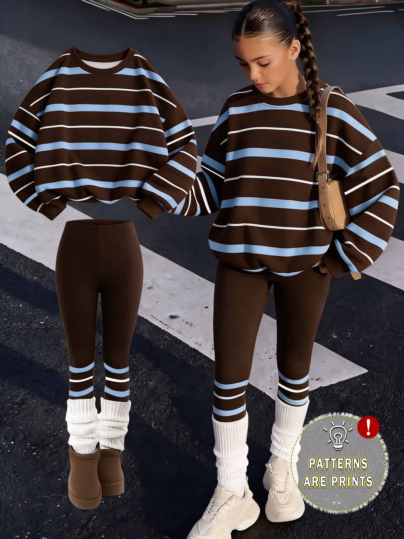 (1 Set) Tween Girls Autumn/Winter Casual Fashion Blue & Brown Horizontal Striped Colorblock Crew Neck Sweatshirt With Leggings - Multicolor - View 1