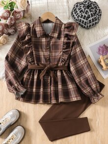SHEIN Vintaside Kids 女童格紋梭織布長袖襯衫洋裝，附荷葉邊飾邊、腰帶與內搭褲套裝 - 棕色 - 查看 6