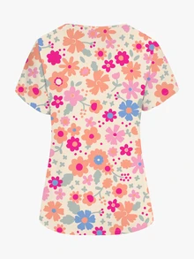 PopScrub Women's Cute Cartoon Print Pocket Short Sleeve Scrub Top - Multicolor - View 2