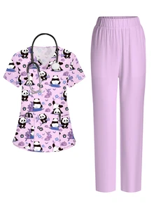 PopScrub Women Scrub Sets Navy Blue,Maid,Work,Cartoon Nurse Short Sleeve V Neck Print Top And Bottoms Set,2 Pockets Soft Stretchy Ruched Uniform Shirt Blouse - Multicolor - View 1