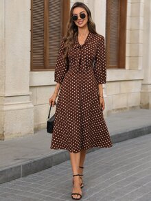 SHEIN LUNE Women's Tie Neck Polka Dot Casual Party Mid-Length Dress Fall/Winter Dress Work Dresses For Women - Brown - View 5
