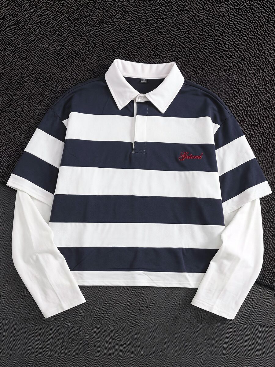 GETOML Casual Commute Street Patchwork Contrast Color 2 In 1 Embroidered Stripe T-Shirt Autumn City Break , Street T-Shirt, Long Sleeve Top - Navy Blue - View 1