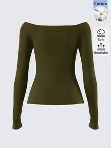 SHEIN BASICS 女款休閒極簡基本款性感純色露肩長袖修身正裝上衣 海軍藍 日常外出約會秋季上衣 - 軍綠色 - 查看 6