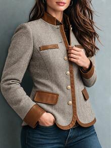 SHEIN LUNE CURVE Plus Size Women's Colorblock Casual Daily Long Sleeve Jacket - Multicolor - View 3