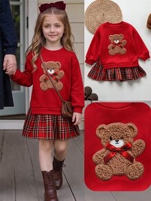 SHEIN 女童復古時尚百搭休閒日常穿搭 秋冬款，適合外出與校園穿著 - 紅色 - 查看 1