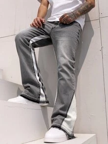 RivetRise Men's Fashion Streetwear Colorblock Patchwork Grey & White Washed Denim Flared Horseshoe Pants - Grey - View 3