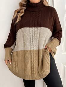 SHEIN CURVE+ 大尺碼女款拼色休閒日常長袖針織衫 冬季 - 彩色 - 查看 3