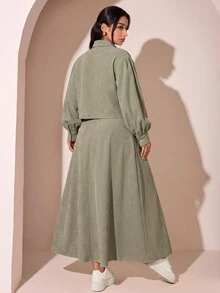 Veilorie Plus Size Women Solid Color Long Sleeve Top And Skirt Casual Daily 2 Pieces Set - Green - View 2
