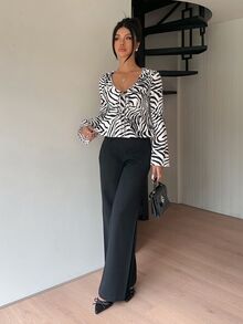 Siren Gaze 秋冬女款黑色休閒性感斑馬紋喇叭袖修身上衣，棕色V領荷葉邊，適合假期夜店 Y2K 秋季萬聖節外出穿搭 - 彩色 - 查看 5