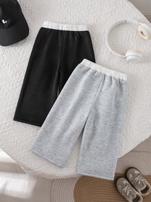 SHEIN Tween Girls 2pcs Wide Leg Pants Set Contrast Elastic Waist Casual Loose Sweatpants Trousers - Multicolor - View 3